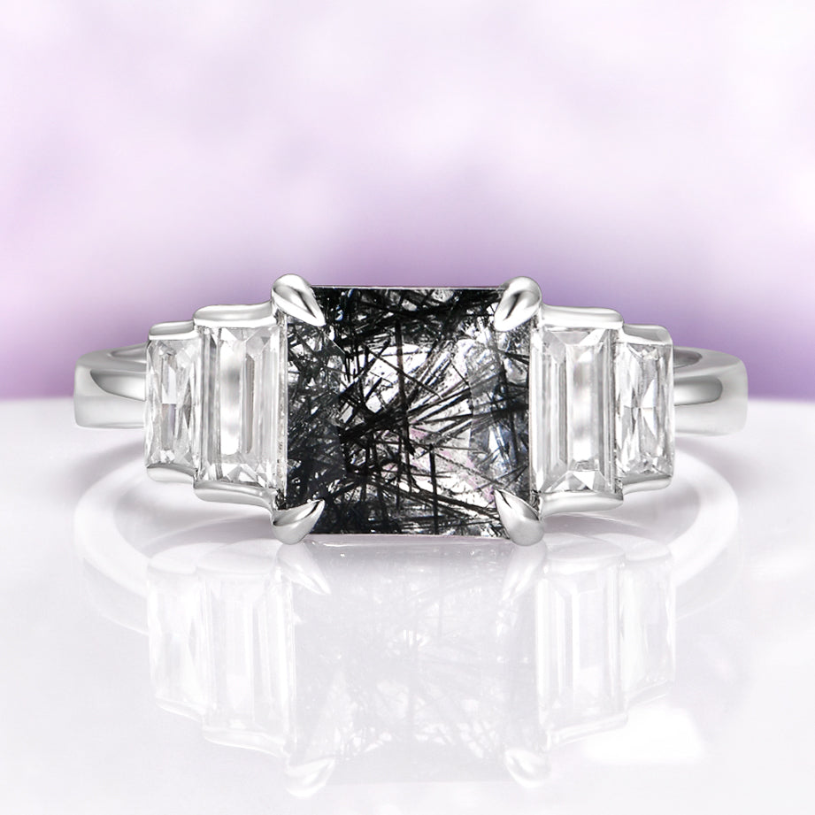 Art Deco Rutilated Quartz Engagement Ring in Sterling Silver