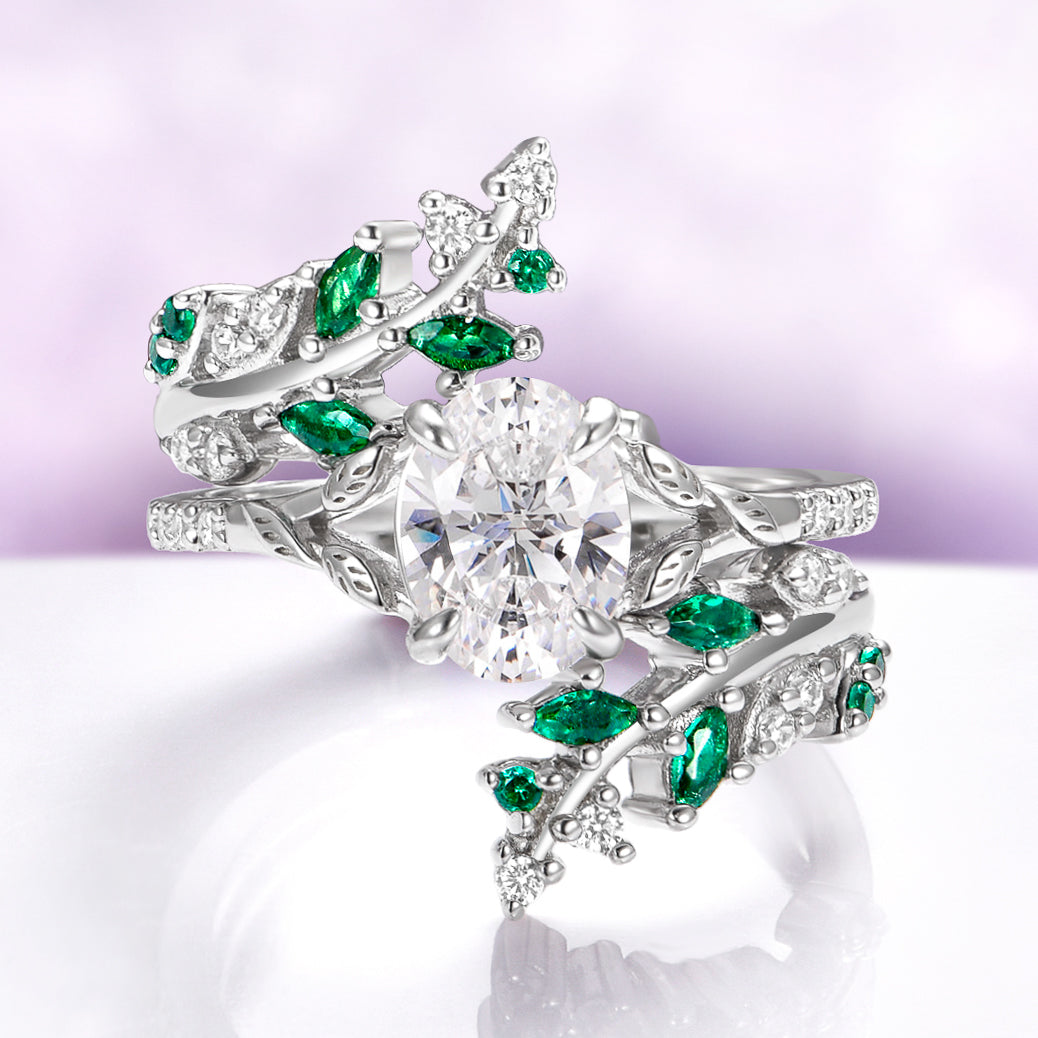 Lab-Grown Diamond & Emerald Leaf Engagement Ring Set in 14K White Gold (IGI Certified)