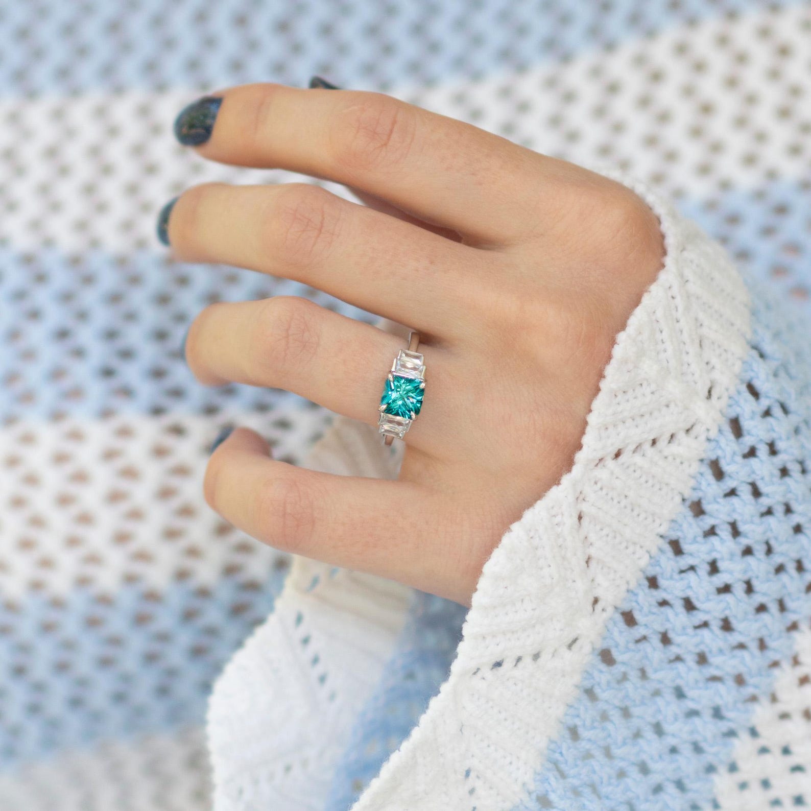 Art Deco Teal Sapphire Engagement Ring in Sterling Silver